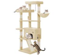 Hzuaneri Arbre à Chat de 153 cm, Spacieux et Stable, avec 6 Griffoir, 1 Grande Niche pour Chat, 3 Grandes Plateformes, Panier Confortable, Balle en Peluche, Planche à Gratter, Beige MS15418YL