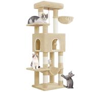 Hzuaneri Arbre à Chat Hauteur 149 cm, Tour de Jeux pour Chats, Griffoir avec Grandes Plateformes, 5 Poteaux à Griffer, 3 Pompons, 1 Hamac, 1 Niche, Multi-Niveaux, Beige MS14918YL