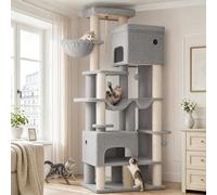Hzuaneri Arbre à Chat, XL, Grand Tour à Chat de 185 cm de Haut, avec 10 Griffoirs, 2 Plateformes Géantes, 2 Niches, 2 Hamacs, Pompons, Panier, pour Maine Coon, Gris Clair MS17918LG