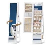 Hzuaneri Armoire à bijoux 16 LEDs, 160cm organisateur de bijoux sur pied avec base rotative à 360°, miroir verrouillable sur toute la longueur, Blanc et Beige JC16003BE