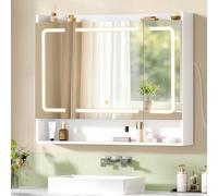 Hzuaneri Armoire de Salle de Bains avec Éclairage LED, Blanc | Rangement Derrière, 3 Températures De Couleur Réglables, Multiprise, Étagères Réglables, 18,5 x 100 x 80 cm, Blanc MC03003XEU