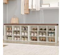 Hzuaneri Banc à Chaussures avec Siège,18 Compartiments, Blanc-Marron | Support à Chaussures, Banc avec Rangement, Coussin, pour Salon, Couloir, Chambre, 30 x 150 x 48 cm, SB25714KA