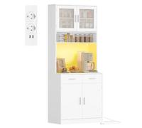 Hzuaneri Buffet, Meuble Cuisine Haut à 2 tiroirs, Meuble de Rangement avec multiprise et éclairage LED, 2 Portes vitrées, Cuisine, Salon, 40 x 80 x 190 cm, Blanc, PT10203XEU