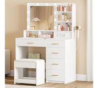 Hzuaneri Coiffeuse avec 10 Globes Lumineux LED, 3 Couleurs, Coiffeuse avec Prise Et Grand Miroir, Tabouret Et Support pour Sèche-Cheveux, Tiroirs Multiples, Blanc DT39003X