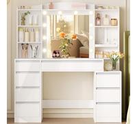 Hzuaneri Coiffeuse avec 8 Tiroirs, Grand Miroir avec Éclairage RGB-LED, Rangement pour Bijoux Intégré, Bureau de 100 cm de Large avec Table de Chevet Intégrée, Blanc EDT41103XEUV1