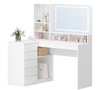 Hzuaneri Coiffeuse avec Grand Miroir, avec éclairage LED, Coiffeuse d'angle en L, avec 5 Tiroirs et 7 Compartiments Ouverts, Crochets pour Colliers, Chambre à Coucher, Blanc DT42503XEU