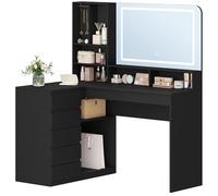 Hzuaneri Coiffeuse avec Grand Miroir, Coiffeuse avec éclairage LED, Coiffeuse d'angle en L, avec 5 Tiroirs et 7 Compartiments Ouverts, Crochets pour Colliers, Chambre à Coucher, Noir DT42506XEU