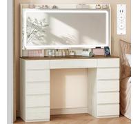 Hzuaneri Coiffeuse avec Grand Miroir HD, Coiffeuse avec 3 Lumières LED à Couleurs Réglables, 11 Tiroirs, 3 Compartiments de Rangement et 1 étagère Supérieure, de Chambre, Blanc-Brun DT43014XEU
