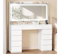 Hzuaneri Coiffeuse avec Grand Miroir HD, Coiffeuse avec 3 Lumières LED à Couleurs Réglables, 11 Tiroirs, 3 Compartiments de Rangement et 1 étagère Supérieure, de Chambre, Blanc DT43003XEU