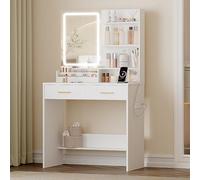 Hzuaneri Coiffeuse avec Lumière LED, 2 Prises et 2 USB, avec 2 Tiroirs et 4 Étagères Ouvertes, Compartiment de Rangement, pour Chambre à Coucher, Salon, Salle d'eau, Style Moderne, Blanc VT32003X