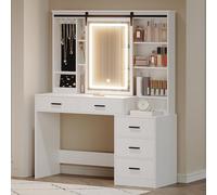 Hzuaneri Coiffeuse avec Lumières LED Réglables,Coiffeuse avec Rangement pour Bijoux, Étagères Ouvertes, 5 Tiroirs, avec Table d'appoint, pour Chambre à Coucher, Blanc DT33103X