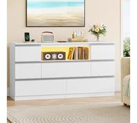 Hzuaneri Commode 140cm 7 tiroirs LED Charge Blanche | 2 prises, 2 USB, éclairage LED, compartiment ouvert. Salon,chambre,salle à manger. 40x140x75cm, robuste. Réf. DC37003WEU