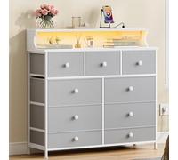 Hzuaneri Commode, Meuble Chambre à 9 Tiroirs, Bande Lumineuse LED, 2 Ports USB et 2 Ports AC, Armoire à Tiroirs Multifonctionnelle pour Chambre et Salon, 30 x 100 x 95 cm, Blanc-Gris DU02913WEU