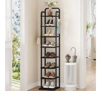 Hzuaneri Étagère à chaussures verticale en bois pour placard, entrée, tour à chaussures pour petits espaces, autonome, réglable, avec 2 crochets, 8 niveaux, noir SR04304B