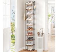Hzuaneri Étagère à chaussures verticale étroite à 10 niveaux en bois pour placard, entrée, tour à chaussures pour petits espaces, autonome, réglable, avec 2 crochets, marron rustique et noir SR11201B