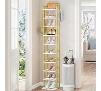 Hzuaneri Étagère à chaussures verticale étroite à 10 niveaux en bois pour placard, entrée, tour à chaussures pour petits espaces, autonome, réglable, avec 2 crochets, blanc doré SR11213A