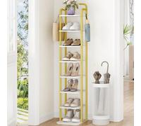 Hzuaneri Étagère à chaussures verticale étroite à 8 niveaux, organiseur de chaussures en bois pour placard, entrée, tour à chaussures pour petits espaces, autonome, réglable, avec 2 crochets, blanc