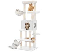 Hzuaneri Grand Arbre à Chat 166 cm de Haut, avec 8 Poteaux à Griffer, Tapis Amovible et Lavable, 1 Niche, 2 Plateformes, 1 Panier pour Chat et des 2 Pompons, Blanc MS16613WT