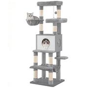 Hzuaneri Grand Arbre à Chat 166 cm de Haut, avec 8 Poteaux à Griffer, Tapis Amovible et Lavable, 1 Niche, 2 Plateformes, 1 Panier pour Chat et des 2 Pompons, Gris MS16621LG