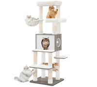 Hzuaneri Grand Arbre à Chat 166 cm de Haut, avec 8 Poteaux à Griffer, Tapis Amovible et Lavable, 1 Niche, 2 Plateformes, 1 Panier pour Chat et des 2 Pompons, Lvoire Clair MS16605WT