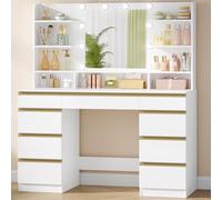 Hzuaneri Grande Coiffeuse avec Éclairage LED, 10 Boules Lumineuses LED, 3 Couleurs, Luminosité Réglable, Miroir, 9 Tiroirs, 9 Étagères Ouvertes, Blanc-Or DT35703X