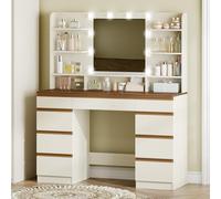 Hzuaneri Grande Coiffeuse avec Éclairage LED, 10 Boules Lumineuses LED, 3 Couleurs, Luminosité Réglable, Miroir, 9 Tiroirs, 9 Étagères Ouvertes, Blanc-Marron DT35714X