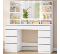 Hzuaneri Grande Coiffeuse avec Éclairage LED, 10 Boules Lumineuses LED, 3 Couleurs, Luminosité Réglable, Miroir, 9 Tiroirs, 9 Étagères Ouvertes, Blanc-Argent DT35703W