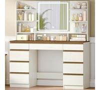 Hzuaneri Grande Coiffeuse avec éclairage LED, 3 Couleurs, Luminosité Réglable, Miroir, 9 Tiroirs, 9 étagères Ouvertes, Style Moderne, Blanc-Marron DT41914X