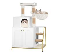 Hzuaneri Maison de Toilette Chat, Maison Moderne 4-en-1 pour Chats avec Grande Plateforme, Abri pour Chat avec Tapis De Grattage, Poteaux, Escaliers Et Pompon, Coussins Lavables, Blanc CB81013A