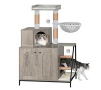 Hzuaneri Maison de Toilette Chat, Maison Moderne 4-en-1 pour Chats avec Grande Plateforme, Abri pour Chat avec Tapis De Grattage, Poteaux, Escaliers Et Pompon, Coussins Lavables, Grège CB81005B
