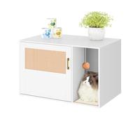 Hzuaneri Maison de Toilette pour Chat avec Porte en Rotin, Meubles de Litière Cachés, Table D'appoint en Bois de Style Bohème pour Animal Domestique, Blanc CB05603X