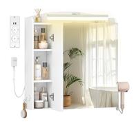 Hzuaneri Meuble de Salle de Bain avec Miroir et LED, Multiprise 2AC+2USB, Armoire Murale Salle de Bain, Support pour sèche-Cheveux, Interrupteur, Étagère Réglable, 16,5 x 70 x 75 cm, Blanc MC00603XEU