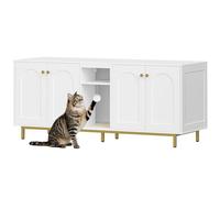 Hzuaneri Meuble Litiere pour 2 Chats, 140cm Meuble Litiere Chat, Blanc Or | Maison Cachée pour Chat avec Chambres Doubles, Espace de Rangement, Balle en Peluche, 140 x 48 x 62 CM, Blanc et Or CB86513A