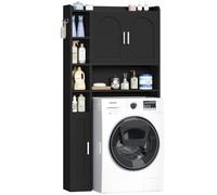 Hzuaneri Meuble Machine à Laver, Étagère de Toilettes sur Pied avec 2 Armoires, 5 Compartiments Ouverts, 3 Portes Meuble WC, Étagères Réglables, 24 x 82 x 170 cm, Noir, LR82006X
