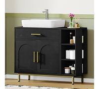 Hzuaneri Meuble sous Lavabo, Meuble de Salle de Bain, 1 Tiroir 2 Portes, Compartiment Ouvert avec 3 Niveaux, Gauche et Droite Interchangeables, Compartiment Réglable, Noir, 30 x 80 x 64cm BC28804G