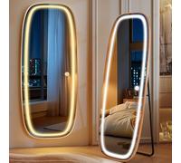 Hzuaneri Miroir sur Pied LED, 160 x 50 cm, Miroir sur Pied avec Support, Miroir Mural, 3 Couleurs de Lumière, Luminosité Réglable, pour la Chambre à Coucher, Le Salon, Doré DM41804GEU