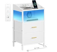 Hzuaneri Table de Chevet, avec Éclairage LED, Table de Nuit avec 2 Tiroirs de Rangement en Tissu, Tables d'appoint avec Ports USB et 2 Prises CA, pour Chambre, Blanc NS36113W