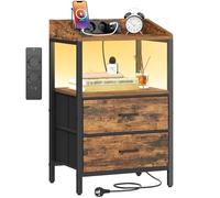 Hzuaneri Table de Chevet avec Éclairage LED, Table de Nuit avec 2 Tiroirs de Rangement en Tissu, Tables d'appoint avec Ports USB et 2 Prises CA, pour Chambre, Brun-Noir Rétro NS36101BEU