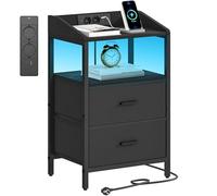 Hzuaneri Table de Chevet, avec Éclairage LED, Table de Nuit avec 2 Tiroirs de Rangement en Tissu, Tables d'appoint avec Ports USB et 2 Prises CA, pour Chambre, Noir NS36104B