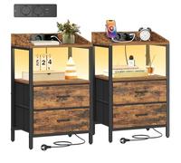 Hzuaneri Table de Chevet Lot de 2, avec Éclairage LED, Table de Nuit avec 2 Tiroirs de Rangement en Tissu, Tables d'appoint avec Ports USB et 2 Prises CA, pour Chambre, Brun-Noir Rétro NS36201BEU