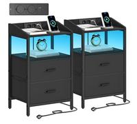 Hzuaneri Table de Chevet Lot de 2, avec Éclairage LED, Table de Nuit avec 2 Tiroirs de Rangement en Tissu, Tables d'appoint avec Ports USB et 2 Prises CA, pour Chambre, Noir NS36204B