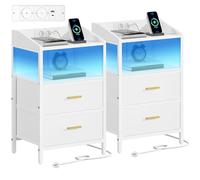Hzuaneri Table de Chevet Lot de 2, avec Éclairage LED, Table de Nuit avec 2 Tiroirs de Rangement en Tissu, Tables d'appoint avec Ports USB et 2 Prises CA, pour Chambre, Blanc NS36213W