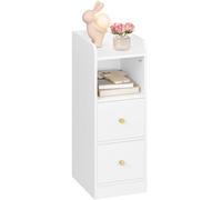 Hzuaneri Table de Chevet, Tables d'Appoint étroite avec 2 Tiroirs, Table de Nuit avec Compartiment Ouvert, pour Espaces Étroits la Chambre à Coucher, Salon, Bois Blanc Grainé NS62113X