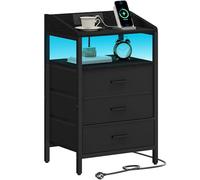 Hzuaneri Tables de Nuit avec Lumières LED et Station de Chargement, Tables de Chevet avec 3 Tiroirs de Rangement en Tissu, avec Ports USB et Prise Type-C, pour Chambre à Coucher, Salon, Noir NS36304B