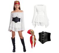 HZVRTN Costume de pirate pour fille, ensemble de costume de pirate 3 pièces avec accessoires de pirate, robe de princesse de pirate, adapté pour les fêtes sur le thème des pirates et Halloween (blanc