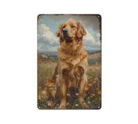 Hzws Plaque murale vintage en métal Golden Retriever dans l'herbe pour maison, grotte d'homme et café, bar, décoration murale pour animaux domestiques, 30 x 20 cm, 2D plate