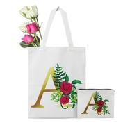 HZXINYI 2 Sacs Shopping Initiales Abécédaire Fleuri - Cabas en Toile, Cadeau d'Anniversaire pour Maman, Sac Cosmétique, Fourre Tout Beige (L/S)