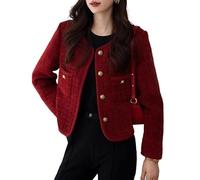 HZYFZPH Dames Vin Rouge Automne Hiver Court Coréen Col Rond Tweed Manteau Pour Femmes-Rouge-red-M