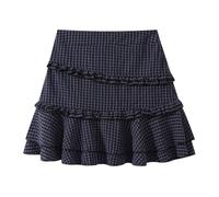 HZYFZPH Women's Vintage Plaid Tiered Skirt Summer High Waist Flounce A-Line Skirt-Dark Blue-Medium