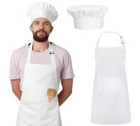 HZYIQ Toque de Cuisinier et Tablier de Cuisine Hommes Femmes Adulte, Réglable Imperméable Tablier de Cuisine Professionnel avec 2 Poches et Toque de Chef Élastique pour Cuisine, Barbecue (Blanc)